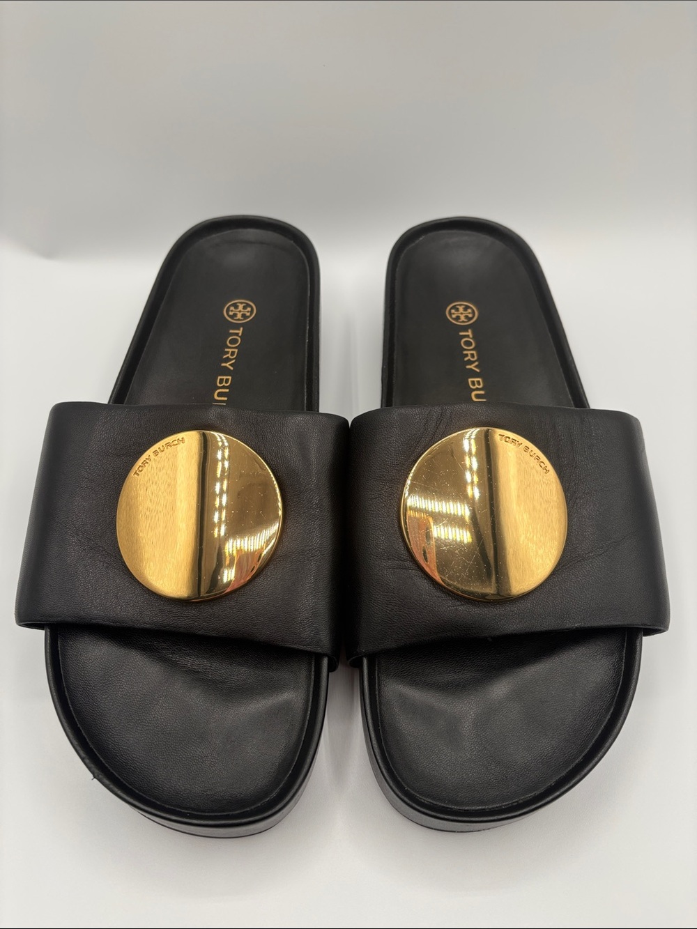 Tory Burch Black Leather Slide Sandals with Large Gold Discs